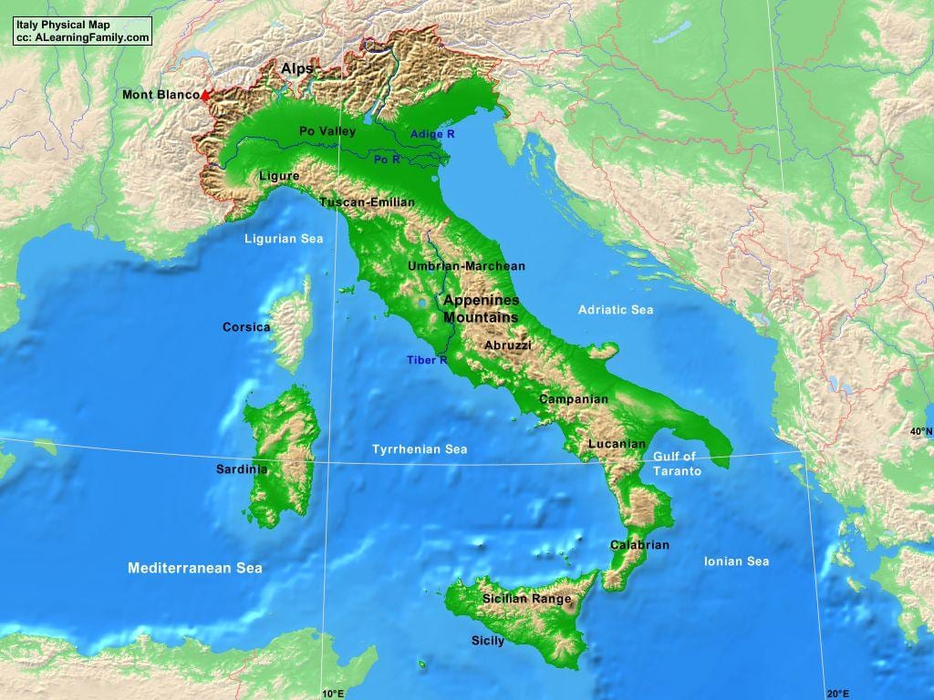 地図のイタリア山脈
