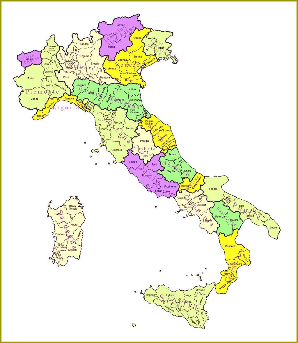イタリアの地図の地域の州