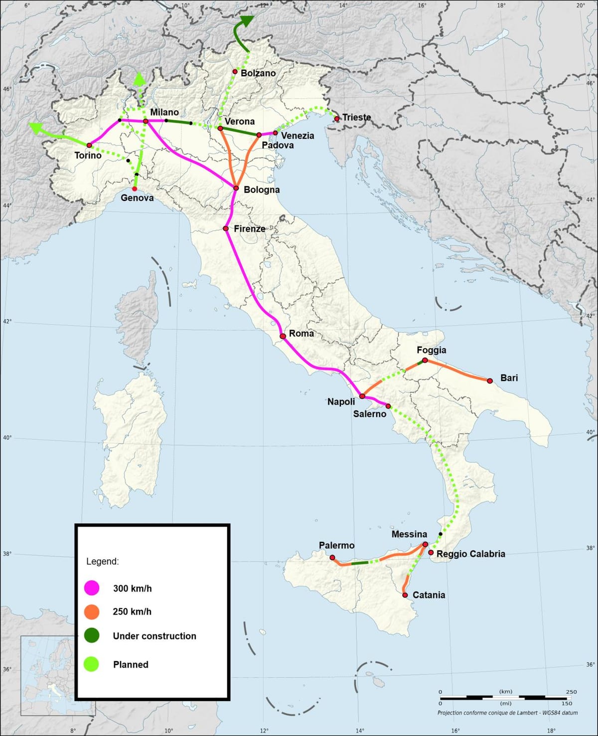 イタリア高速鉄道の地図