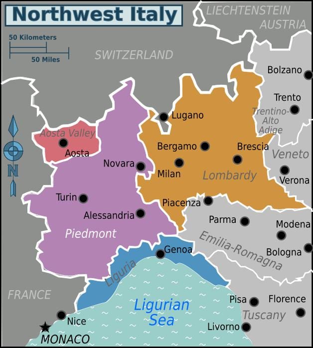 北西イタリアの地図