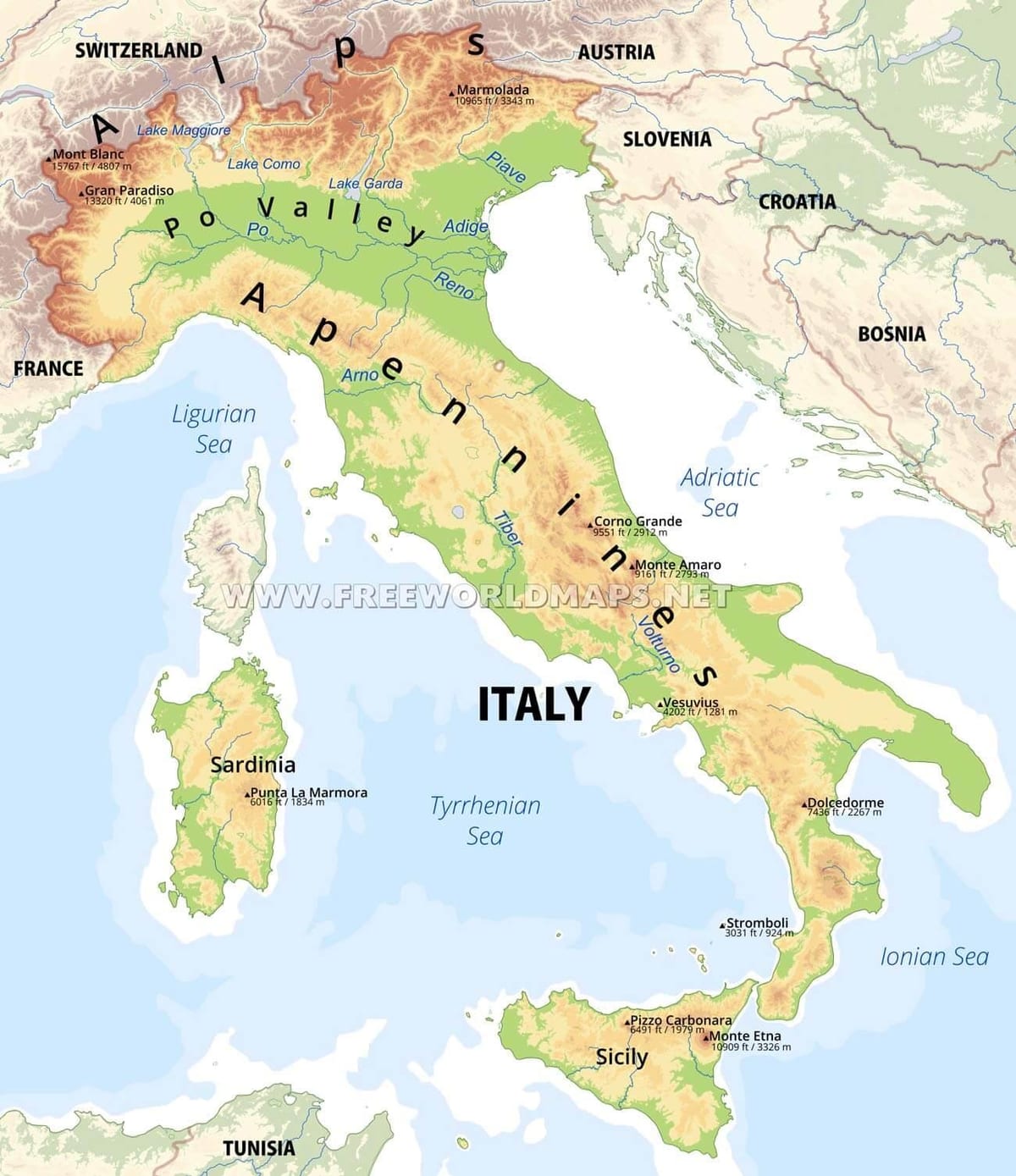 イタリアの物理的特徴地図