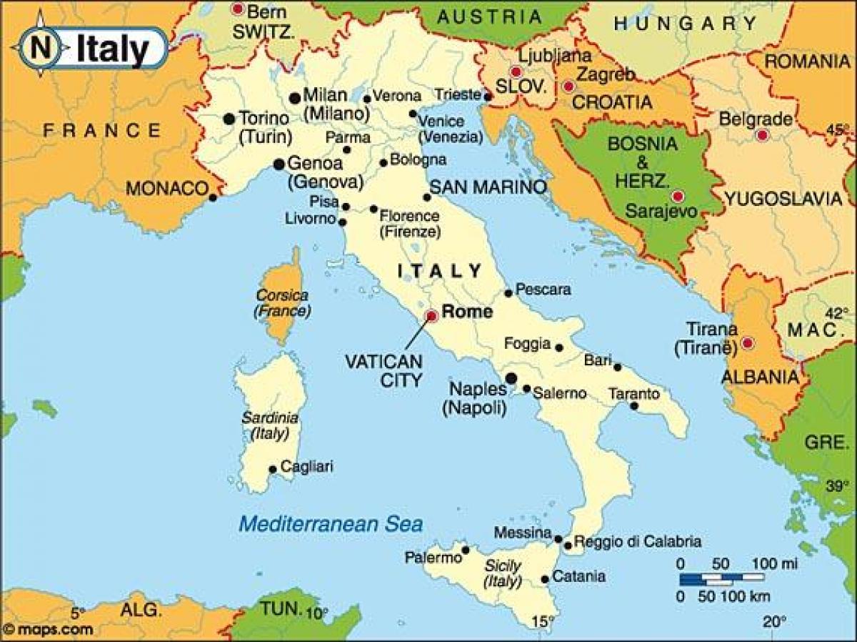 地図のイタリアおよび隣接国